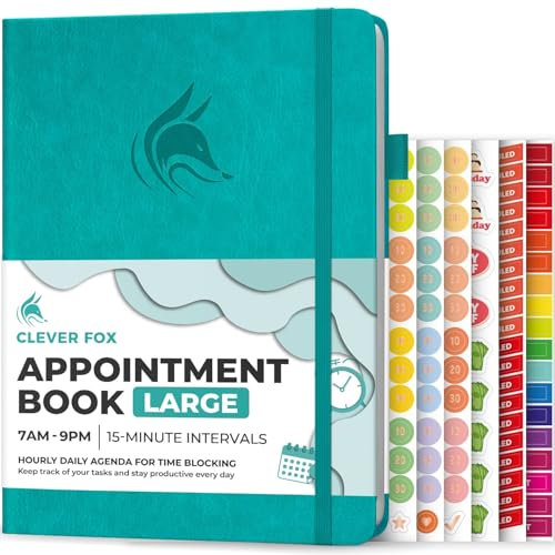 Clever Fox Terminkalender - Stundenplaner mit 15-Minuten-Schritten - Zeitbox-Planer für die tägliche Arbeit & To-Dos - Wochen- & Monatliche Aufzeichnungen, undatiert, Hardcover, A4-Größe, (Türkis)