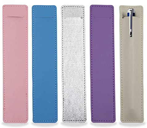 5Pcs Leather Single Fountain Pen Case, Soft Pen Sleeve Pouch for Men Women, Ballpoint Pencil Protective Cover Holder for Office, School, Business Gift (Blue, Beige, Purple, Silver, Pink)