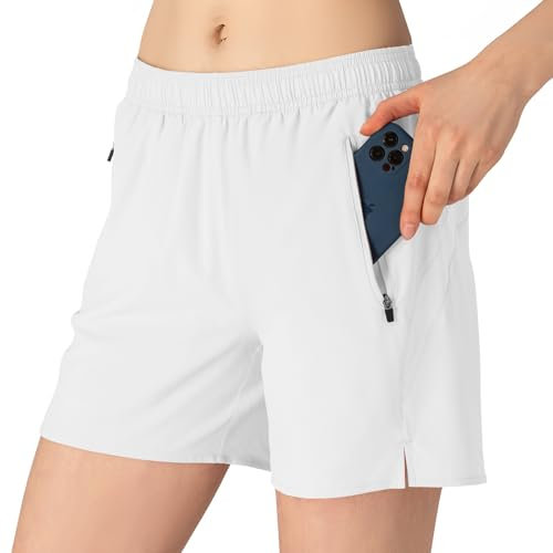 donhobo Shorts Damen Trainingsshorts Sommer Kurze Hosen Schnelltrocknende Laufshorts Sporthose mit Taschen (Weiß, XL)