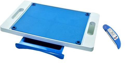 Karving King Deluxe Dripless Cutting Board 3 in 1 System Non-Slip Feet & Spikes Hold Food in Place while Carving Juice Groove Fills Drip Collection Drawer for Gravy & Digital Meat Thermometer - Blue