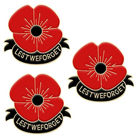 3 Stück Lest We Forget Mohnblumen-Broschen Pins Brustnadel Erinnerung Sonntag Rote Blume Strass Abzeichen Bankett Emaille Mohnblume Revers, S, Metall