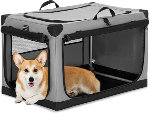Petsfit Hundebox faltbar, Hundebox Auto Verstellbarer Stoffbezug, Hundebox für zuhause mittelgroße Hunde, Hundetransportbox mit 3 Tür-Design, Einfach zu Transportieren, M, Grau