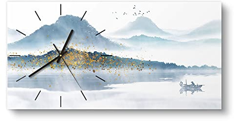 DEQORI Glasuhr | vertikal 60x30 cm | Motiv Berge mit Farbakzenten | große XXL Design Uhr aus Glas | leise Wanduhr für Wohnzimmer & Küche | moderne Hingucker Uhr für die Wand