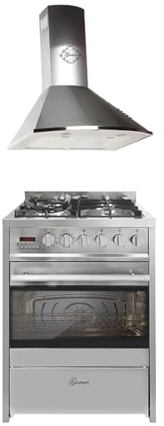 GURARI Gas-Standherd 60 cm Edelstahl Gasherd mit Elektrobackofen 60 L GCH E 610 X+GCH 046 IS 6 Range Coocker mit Dunstabzugshaube 60 cm, in Edelstahl, Saugstark 1000m³/h