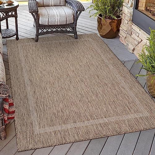 HomebyHome Outdoor Teppich Wetterfest 280x370 cm Braun Bordüre Design Flachgewebe Waschbar XXL Extra Groß für Wohnzimmer Esszimmer Terrasse Garten