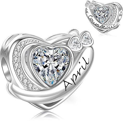 Symretie Charms Geburtsstein April Anhänger Charm aus 925er Sterlingsilber,Offen Gearbeiteter Herz Perlen Geburtstagsgeschenke für Frauen