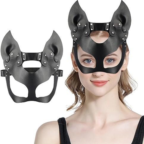 Halloween Ledermaske Halbgesicht Maske Katzen Schwarz Halbmaske Sexy Punk Halbmaske Tiermaske PU Leder Bunnymaske Catwoman Augenmaske mit Ohren Fuchsmaske Damen Mädchen Nachtclub Party