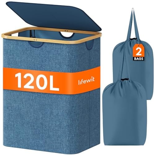 Lifewit 120L Laundry Basket with Lid, Clothes Hampers for Laundry with Bamboo Handles and A Removable Laundry Bag, Large Foldable Laundry Hamper for Bedroom, Bathroom, Dorm, Laundry Room, Dark blue