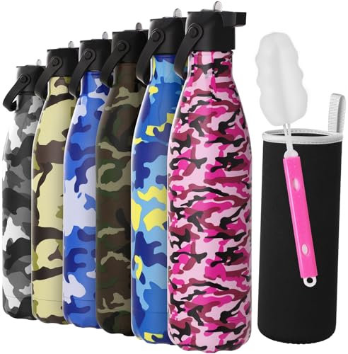 Stainless Steel Water Bottle 750ML,GeeRic Camouflage Matte Metal Bottle+Straw Cap Double-Liner Vacuum Insulated 750ml Water Bottle Hold 12H Hot/24 Cold Thermal Bottle for Camping,School,Sports Pink