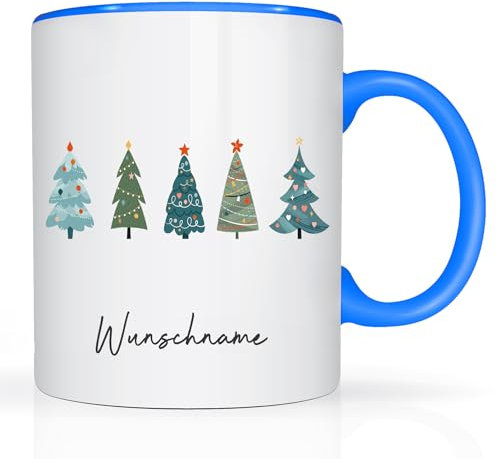 Print-Klex Tasse mit Namen und Tannenbäume Motiv Bedruckt Namentasse Namensbecher Xmas Geschenktasse Weiß/Blau Kaffeebecher Teetasse Weihnachtstasse Keramik mit Druck 330ml Tasse mit Text