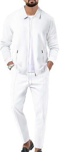 Uomo Tute da Ginnastica Waffle Manica Lunga Cerniera Giacca & Pantaloni Set di 2 Pezzi Bianco per Casual Sport Lavoro, XL
