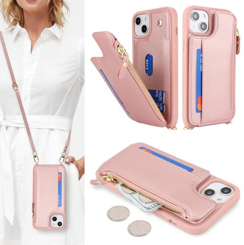 SailorTech Handyhülle für iPhone 15 Etui mit Kartenfach, iPhone 15 Hülle mit Verstellbarer Halskette, iPhone 15 Handytasche mit Reißverschluss Geldbörse - Roségold