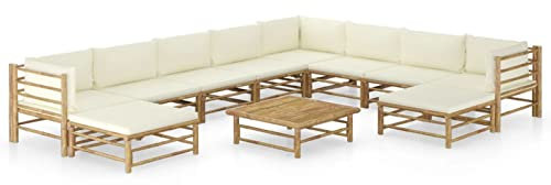BAZZI 11-TLG Bambus Lounge Gartenmöbel Set - Holz Terrassenmöbel mit Creme Kissen, Garten Sitzgruppe, Balkonlounge und Loungemöbel, Set beinhaltet (3xEckteil+5xMittelteil+2xFußstütze+Tisch)