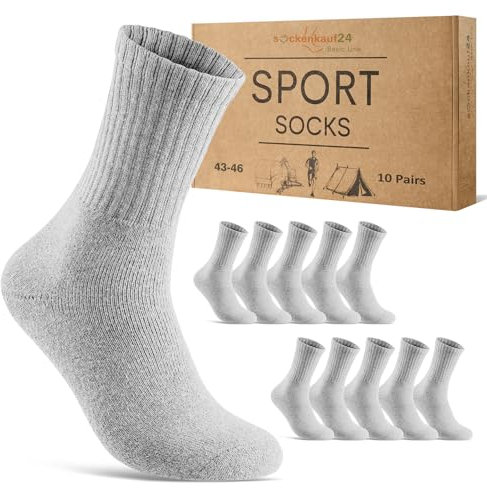 10 Paar Sportsocken Herren Tennissocken Baumwolle Atmungsaktive Crew Socken 70205T (Hellgrau 43-46)