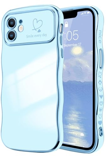 LCHULLE for iPhone 11 Case Cute for Women Girls Wavy, Blue | Luxury Plating Curly Wave Shape Frame with Love Heart Pattern, Raised Camera Protection Back Cover Shockproof Phone Case