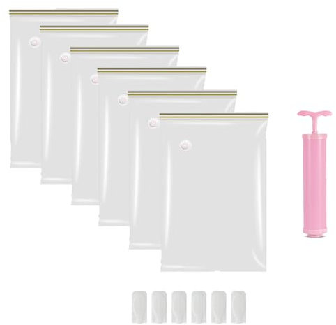 Sacchetti Sottovuoto, Sacchetti Sottovuoto per Abbigliamento, Set di 6 Sacchetti di Compressione, Sacco a Compressione 60 x 40 cm, con Pompa Manuale, Per Vestiti, Biancheria da Letto (Bianco)
