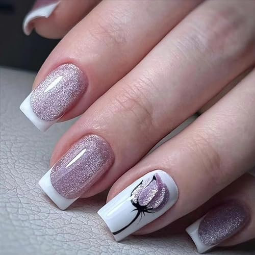 MrCuvaryas French Press On Nails Kurz, 24 Stück Nägel zum aufkleben Fake Nails, Glossy Kunstnägel Selbstklebende Nail tips Natural Acryl Künstliche Fingernägel für Nail Art (Pink Flowers, 24 PCS)
