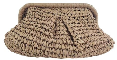scoseptzy Stroh-Clutch-Geldbörse für Damen, gewebte Knödel-Schultertasche, Umhängetasche, Sommer, Wolke, Strand, Handtasche, Khaki