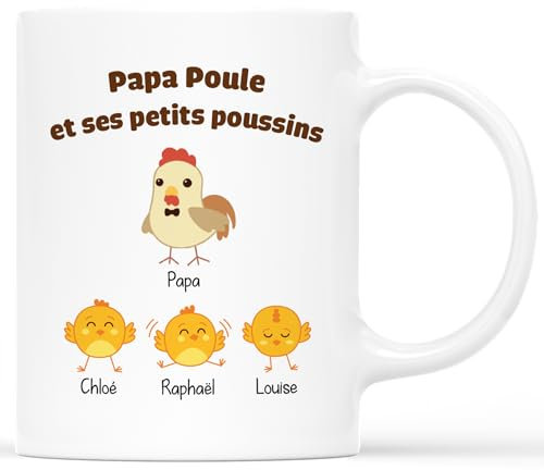 𝗖𝗔𝗗𝗘𝗔𝗨 𝗣𝗟𝗨𝗦 Mug Personnalisé Prénom - Papa Poule Et Ses Petits Poussins - Cadeau Fete Des Peres Personnalisé, Cadeau Noël, Cadeau Papa Personnalisé, Tasse Papa Original