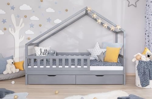 TiCAA Hausbett Bodenbett wandelbar mit Schrägdach Lou 90/100/120/140x200 cm für Jungen & Mädchen, inkl. Rolllattenrost, Schubladen & Rausfallschutz, Montessori Bett aus Kiefer Massivholz