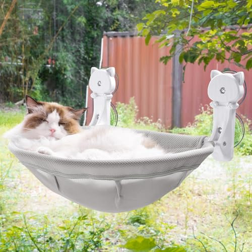 JUNSPOW Percha para Ventana de Gato inalámbrica, Plegable y Estable, Hamaca Transpirable con Ventana para Gatos, para Pasar el Sol, Escalar, soporta hasta 40 Libras (Gris, Malla)
