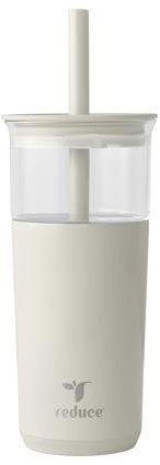 REDUCE Aspen 20 oz Vacuum Insulated Glass Tumbler with Lid & Extra Wide Straw - Keeps Drinks Cold for 12 Hrs - Ideal for Iced Coffee, Smoothies & Boba - Dishwasher Safe, Soft Base - Unbleached