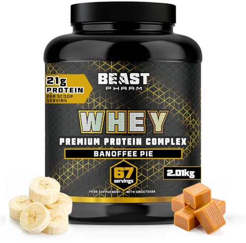 Beast Whey Protein Powder 2kg Banana Banoffee Protein Powder for 67 Shakes | Delicious Banoffee Pie Flavour. Giant 2kg Tub Whey Protein Powder for 67 Servings. High 21g Protein per Shake.