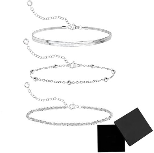 3Pcs Silver Bracelet for Women, Ladies Silver Bracelets Layered Dainty Link Chain with Jewelry Gift Box, Bracelet Adjustable Stackable Beaded Bracelets for Women Girls