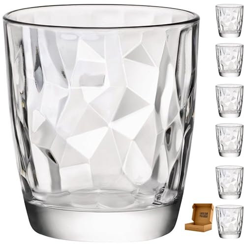 6 Vasos Diamond - Envio 24h - Perfecto para uso en Casa, Restaurante y en Fiesta, Ligeros y Resistentes con acabado de diamantes (Transparente, 39 cl)