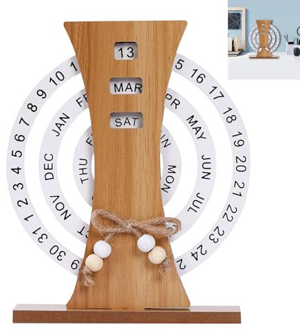 KASESSS Riesenrad Ewiger Kalender, Holz Dauerkalender, Retro Immerwährender Kalender, Wiederverwendbar Holz Tischkalender Ornamente,Manuell Drehbarer Schreibtischkalender für Haus,Café,Büro Dekoration
