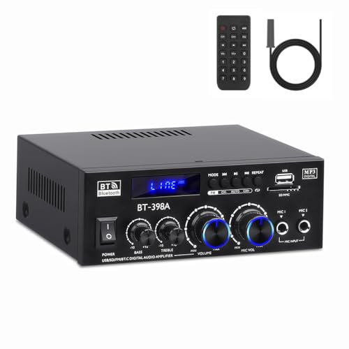 BT-398A Stereo Amplifier Receivers, Bluetooth 5.0 Audio Amp 2.0 Channel 60W+60W Rated Power Mini Speakers Sound Amplifiers Digital Amps w/FM Radio USB SD Card for Home Theater Audio System