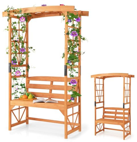 RELAX4LIFE Rosenbogen mit Bank, 120 x 58 x 189 cm, 2-Sitzer Gartenbank Holz, Sitzbank mit Rankgitter, Rankhilfe für Kletterpflanzen & Verzierung, Rankbogen Gartenbogen, Torbogen Garten