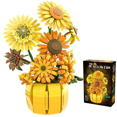Lot de 1009 blocs de construction de tournesol artificiels pour adultes à partir de 14 ans, fleurs Van Gogh, bricolage, décoration de maison, bureau, compatible avec Lego, Saint-Valentin, fête des