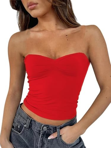 FOFAINWE Hauts tubes sexy sans bretelles pour femme - Dos nu - Bandeau sans manches - Basique - Pour sortir - Tops - Débardeur d'été, rouge, M