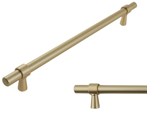 keypak 10 Pack Brushed Brass T-Bar Smooth Kitchen Cupboard Handles 224mm | 278mm Bar, Aluminium Pulls for Cabinet, Wardrobe Doors, Chest of Drawers