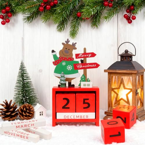 Christmas Advent Calendar, Wooden Advent Calendar Number Countdown with Removable Wooden Block 24 Day Christmas Tabletop Decoration Xmas Ornament