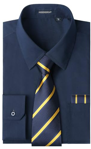 HISDERN Men's Navy Blue Shirts Long Sleeve Smart Formal Plain Dress Shirt and Tie Set Business Casual Wedding Regular Fit 3XL