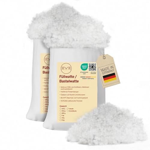 EVE Textile® 10 kg Perlen-Füllwatte für Kissen; Faserbällchen Füllmaterial & Stopfmaterial, Bastelwatte, Füllung für Stofftiere, Kuscheltiere; Öko-Tex 100 Zertifiziert, 95°C waschbare Kissenfüllung