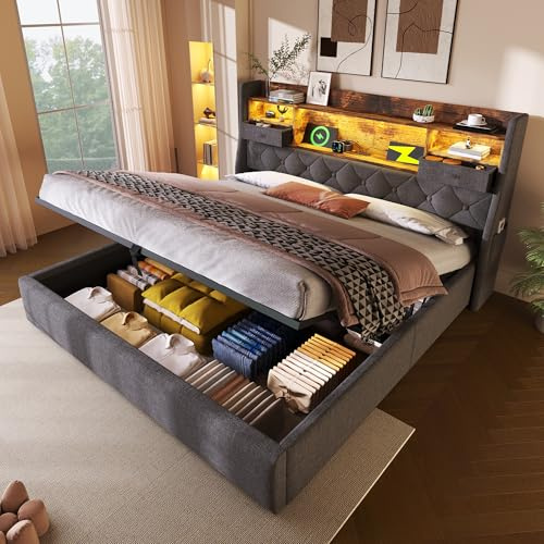 HESHU Polsterbett Bettgestell 180x200, Boxspringbett mit LED und Ladestation, Bettrahmen mit Stauraum Kopfteil, Jugendbett Stauraumbett Funktionsbett Doppelbett