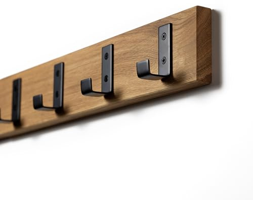 WOODS Wandgarderobe aus massivem Eichenholz mit schwarzen Metallhaken, 40, 60 oder 80 cm Breite, Garderobe Flur & Eingangsbereich moderne Garderobenleiste (40cm (4 Haken))