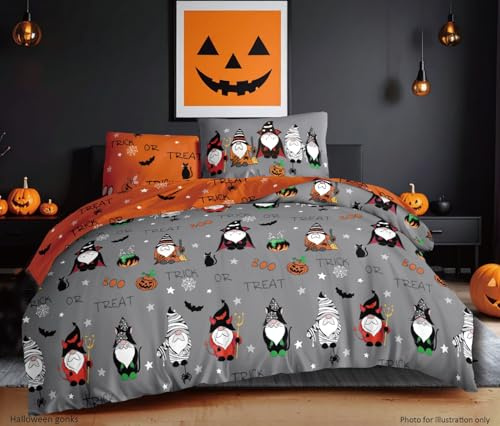 Charlotte Andersen Gonks Halloween Bedding Double Duvet Cover Set Haunted Pumpkins Reversible Soft Grey Orange Bed linen (Double)