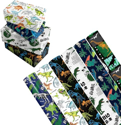 6 Rollen Dino Geschenkpapier, Geschenkpapier, Dinosaurier Geburtstagsgeschenk Deko für Jungen und Mädchen, Wiederverwendbares Geschenk Papier für Party, Feiertage und Feiern