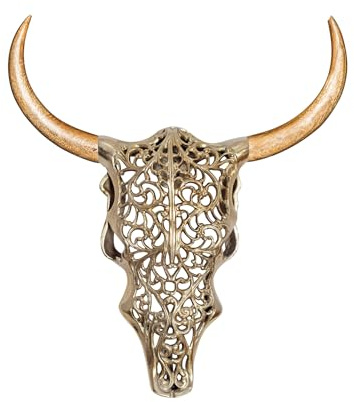 Wanddekoration EXOTIC BULL 60cm - gold natur - Metall Mangoholz | Montiert geliefert, handgefertigtes Unikat, Tiermotiv, dekorativer Eyecatcher, stabile Konstruktion, Ornament-Verzierung