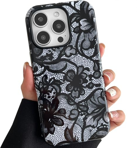 TQLGY for iPhone 16 Pro Case, Black Lace Vintage Phone Case Shockproof Slim Soft TPU and Hard PC Protective Cover