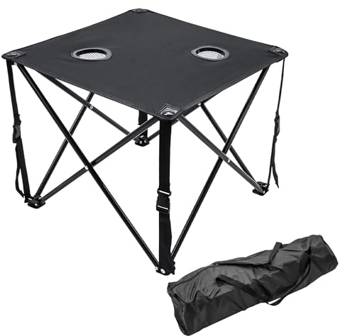 Spetebo Campingtisch Ultraleicht mit 2 Getränkehaltern - 48 x 48 cm - Outdoor Klapptisch schwarz inklusive Tragetasche - Tisch faltbar leicht mit Tasche für Garten Angeln Camping Picknick Festival