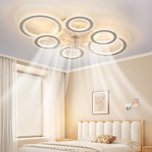 Oyajia Six-Ring Crystal Ceiling Fan Light, Ceiling Fans with Lights and Remote, 3000K-6000K Dimmable Smart Fan Ceiling Light, 6 Wind Speeds, White Queit Fan Light Ceiling for Bedroom, 76×53×15cm
