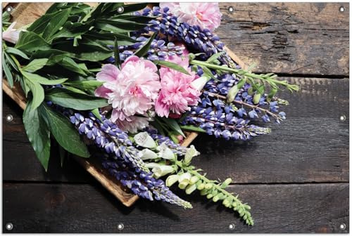 Wallario Outdoor-Poster für Garten oder Balkon Stillleben mit Frühlingsblumen, Motivbanner Größe: ca. 100 x 150 cm, Outdoor-Bild