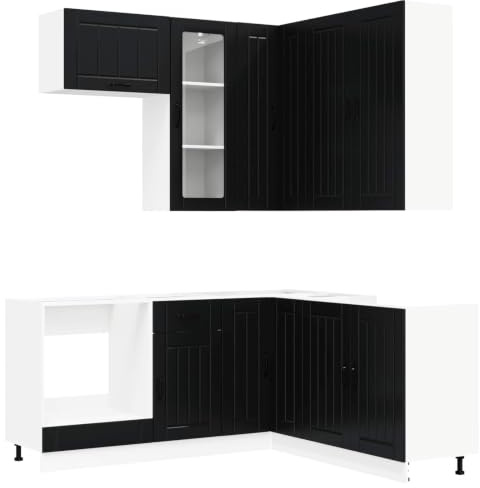 Owoxanthellate Küchenzeile Lucca 8-teilig Schwarz - Moderne Einbauküche aus Holzwerkstoff mit Unterschränken, Hängeschränken und Geschirrspüler-Panel für optimalen Stauraum