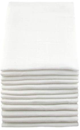 MuslinZ Baby Muslin Squares Burp Cloths 12 Pack White, 100% Pure Cotton, 70cms, Baby Essential, Soft Breathable and Absorbent