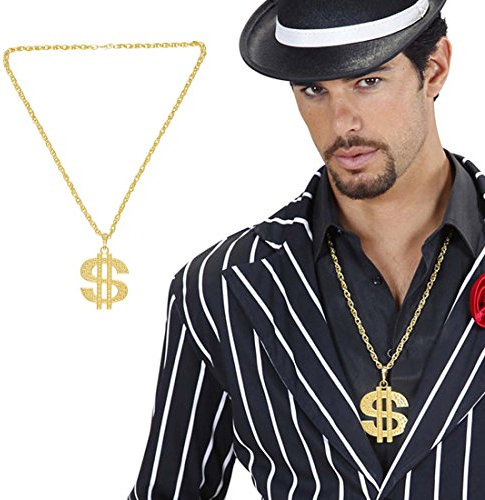 NET TOYS Goldene Dollar Kette Dollarkette Gold Zuhälter Kette Pimp Halskette Prollkette Rapper Hip Hop Rapperkette Kostüm Accessoire